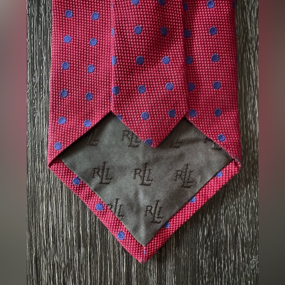 Lauren Ralph Lauren Blue & Red Polka Dot Linen Silk Blend Tie - Picture 7 of 8